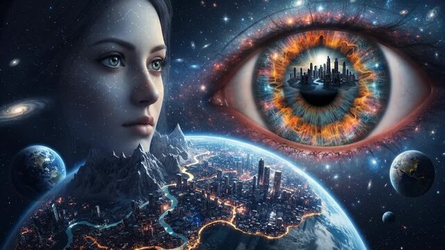 Cosmic Eye Reflects Cityscape Planet Earth Galaxy
