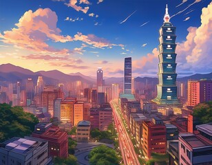 Obraz premium anime new taipei city taiwan downtown skyline