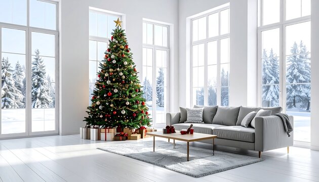 A bright, modern living room showcases a decorated Christmas tree near a window overlooking a snowy landscape. Presents lie beneath the tree