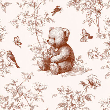 Charming vintage pattern with teddy bear, flowers, birds and butterflies in delicate sepia line art; nostalgic nursery style ideal for textiles, wallpaper, stationery, and kids decor