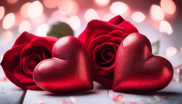 pair of red hearts with red rose pedals
