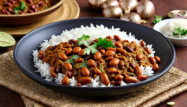 Authentic Indian rajma curry served over steamed white rice in a rustic bowl. Flavorful kidney bean masala garnished with fresh coriander in a traditional food setting.