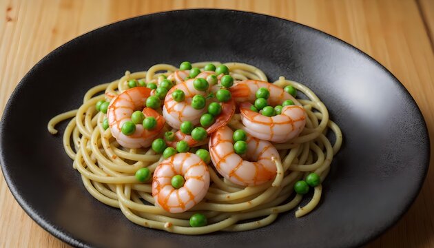 Creative food concept of spaghetti pasta with green peas and a unique shrimp ring garnish.