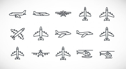Collection of Airplane and Helicopter Icons in Line Style. © Tama