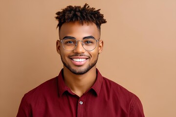 Fototapeta premium Natural portrait of African man with an afro hairstyle, wearing glasses and a maroon shirt, smiling against a warm, neutral background, showcasing confidence and approachability