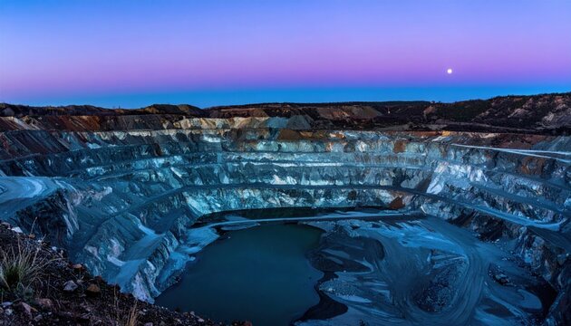 Vast open pit mine at dusk with colorful sky over excavation site