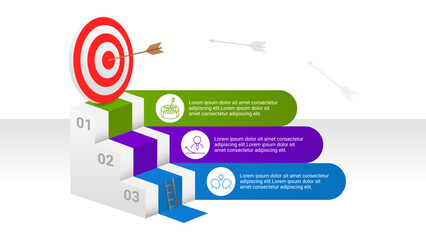 Modern business goal achievement infographic template featuring 3D stairs, a red target with an arrow in the bullseye, a small wooden ladder, and 3 colorful banners with line icons and text placeholde © Kuat