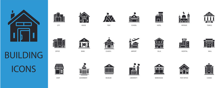 building icons set outline and Flat Style,transparent background