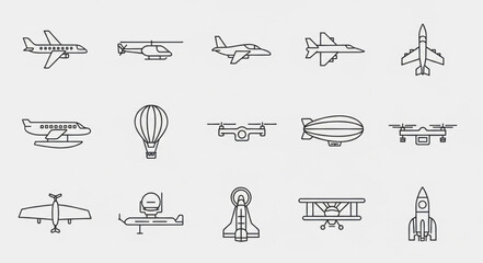 Collection of Hand-Drawn Aviation Icons - Planes, Balloons, Drones, and Rockets. © Tama