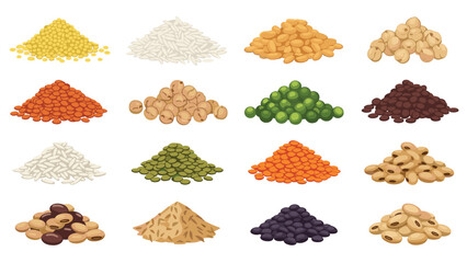 Grid of various colorful grain and legume piles including rice lentils beans and peas for healthy food information.