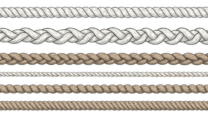 Six horizontal variations of nautical and industrial ropes show different thicknesses, colors, and braided or twisted patterns.