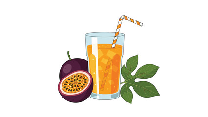 Refreshing glass of orange passion fruit juice with ice and a straw sits next to a whole fruit, a half, and a leaf.