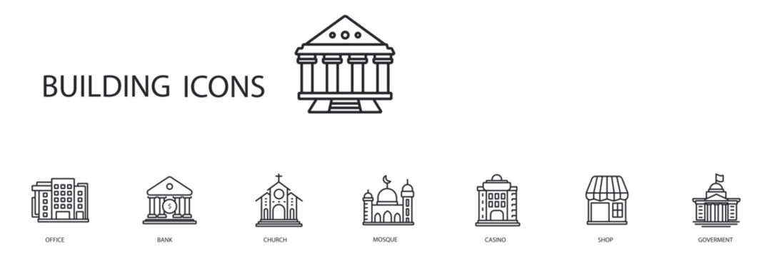 building icons set outline and Flat Style,transparent background