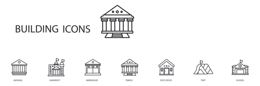 building icons set outline and Flat Style,transparent background