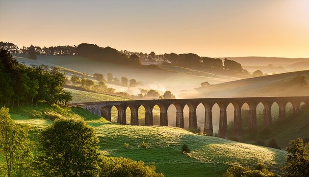 verdant valley vista featuring an antiquated viaduct bathed in ethereal morning light