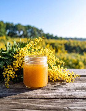 pot de miel et bouquet de mimosa