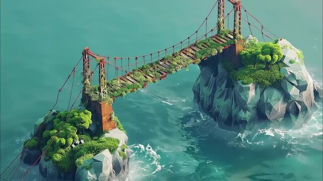 Abandoned suspension bridge on a clay island in 3D isometric low poly 4K Videos