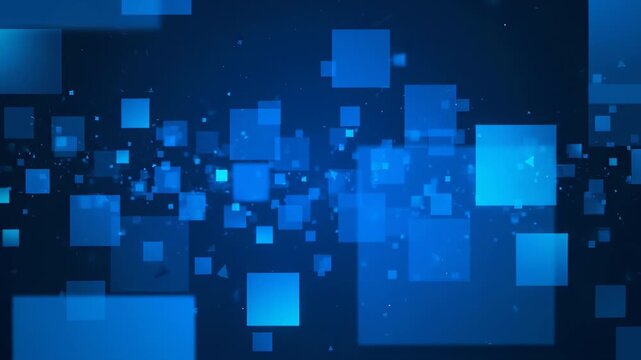 Abstract blue squares floating in the dark background, modern digital design.