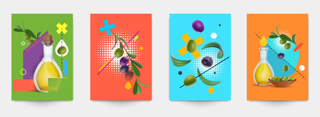 Collection templates cover, banner, poster, card with olive health product in modern fashion style. Art collage with colorful geometric and realistic 3d elements. Vector illustration