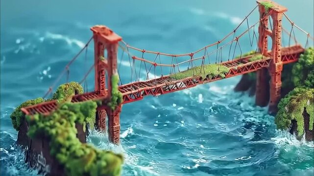 Abandoned suspension bridge on a clay island in 3D isometric low poly 4K Videos