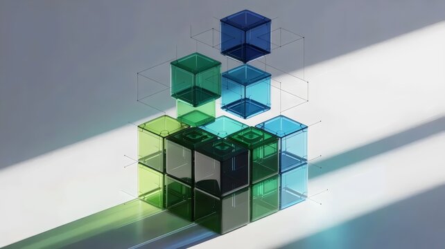 Tower of blue and green modular cubes &ndash; Ideal for sustainable growth, high-tech construction, or business scalability.