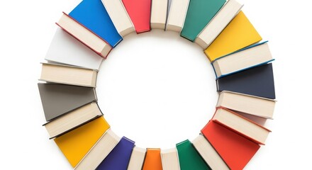 Obraz premium Circle of colorful hardcover books arranged on a white background ring arrangement