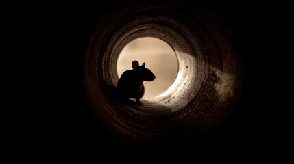 Fototapeta premium The Mouse Silhouette Inside Dark Tunnel Pipe Looking Toward Distant Light