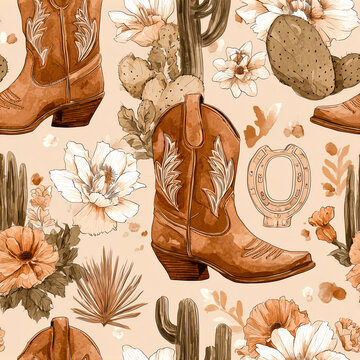 Stylish western pattern with cowboy boots, cacti and desert flowers in warm watercolor tones; trendy rustic concept ideal for textiles, fashion prints, packaging, and home decor