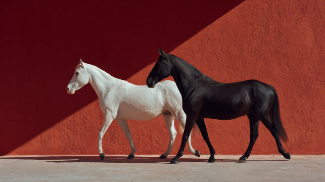 ultra realistic fashion photography of two horses walking side by side