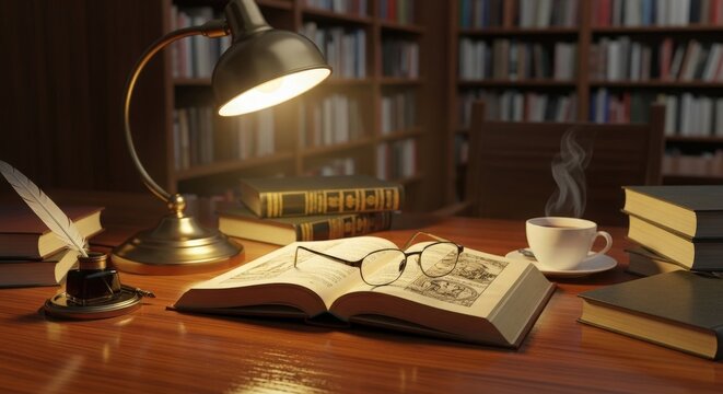 Open book with glasses inkwell and quill pen on wooden desk with steaming coffee cup and bookshelves background