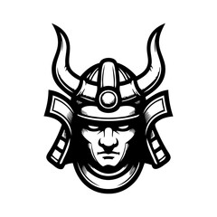 Fototapeta premium Logo guerrero samurái. Icono con antiguo samurái con casco con cuernos 