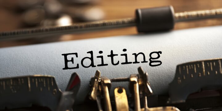 The Typewriter With the Word Editing on Paper, Vintage Closeup of Workspace