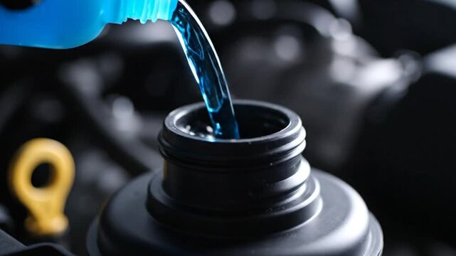 Automotive mechanic adding blue windshield washer fluid into the car reservoir for maintenance and upkeep