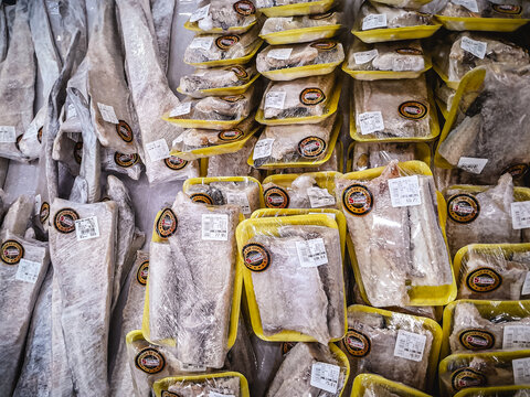 Minas Gerais, Brazil - March 11, 2026: Packaged salted cod displayed for sale in a supermarket during seasonal demand in Brazil.