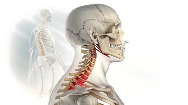 3D medical illustration of a human cervical spine in lateral view, highlighting a vertebrae fracture in the C3-C5 area. Features a red trauma zone and translucent soft tissues on white.