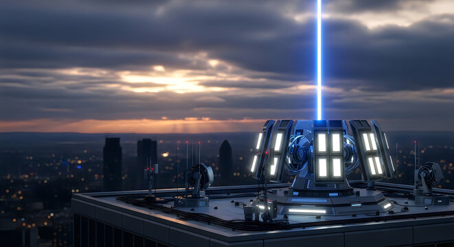 High tech energy weapon system on rooftop shooting powerful blue laser beam into cloudy sky at sunset
