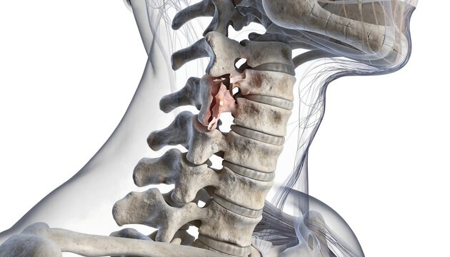 3D medical illustration of a human cervical spine in lateral view, highlighting a vertebrae fracture in the C3-C5 area. Features a red trauma zone and translucent soft tissues on white.