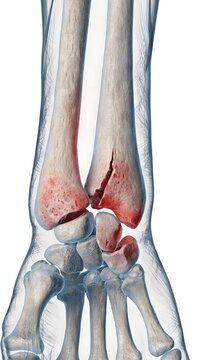 3D medical illustration of a human wrist with a distal radius and scaphoid fracture. Skeletal structure with red injury highlights and translucent soft tissue on a white background.