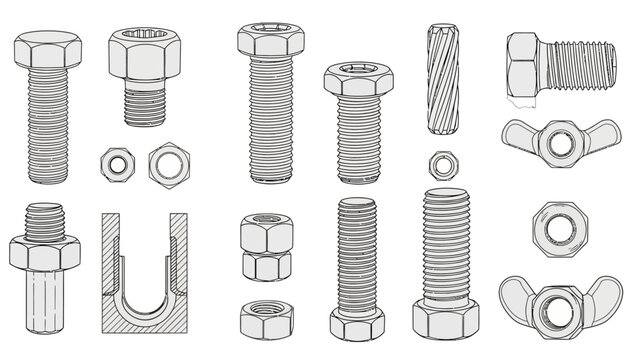 Collection of Various Bolts and Nuts.