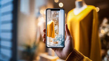 Main tenant un smartphone devant une boutique de vêtement, pour comparer les prix d'un même article