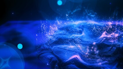 Abstract moving blue futuristic landscape of particles and dots of energetic magic with glow and blur effect, abstract background © Bolbik