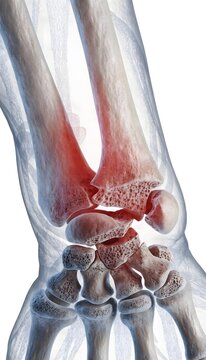 3D medical illustration of a human wrist with a distal radius and scaphoid fracture. Skeletal structure with red injury highlights and translucent soft tissue on a white background.