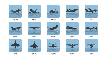 Collection of Various Aircraft Models in Flight Over Water. © Hudah