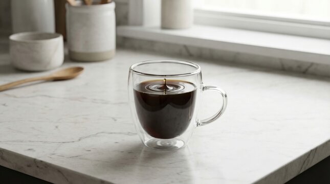 Glass Mug of Coffee on White Counter.