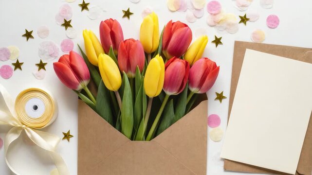 Bright red and yellow tulips arranged in kraft envelope with blank greeting card, ribbon and decorative confetti on light background. Concept of spring celebration, gift and festive greeting.