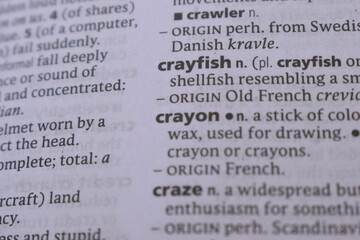 Fototapeta premium Close Up English Dictionary Page With The Word Reference Of - crayfish