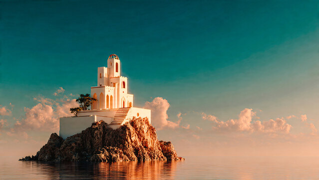 Paysage avec ile et monast&egrave;re au coucher du soleil