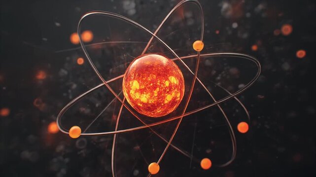 Abstract illustration of atomic structure with glowing nucleus and orbits