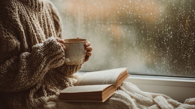 The person holding a mug and reading a book by a rainy window