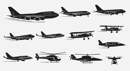 Collection of Various Aircraft Silhouettes - Diverse Aviation Vectors. © Hudah